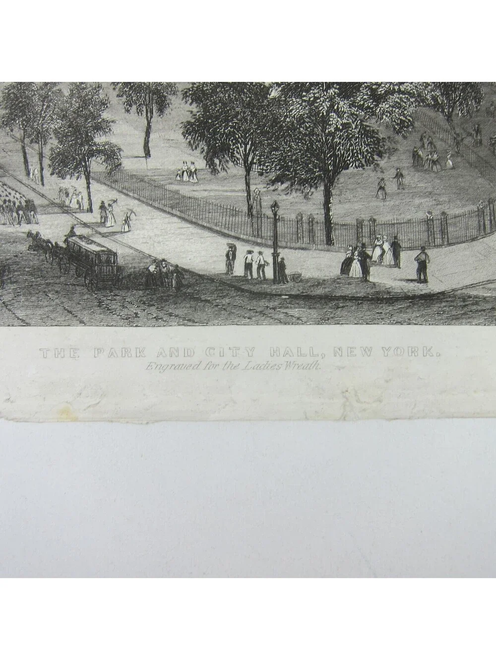 Antique Engraving Print Park & City Hall New York City For Ladies Wreath c1850